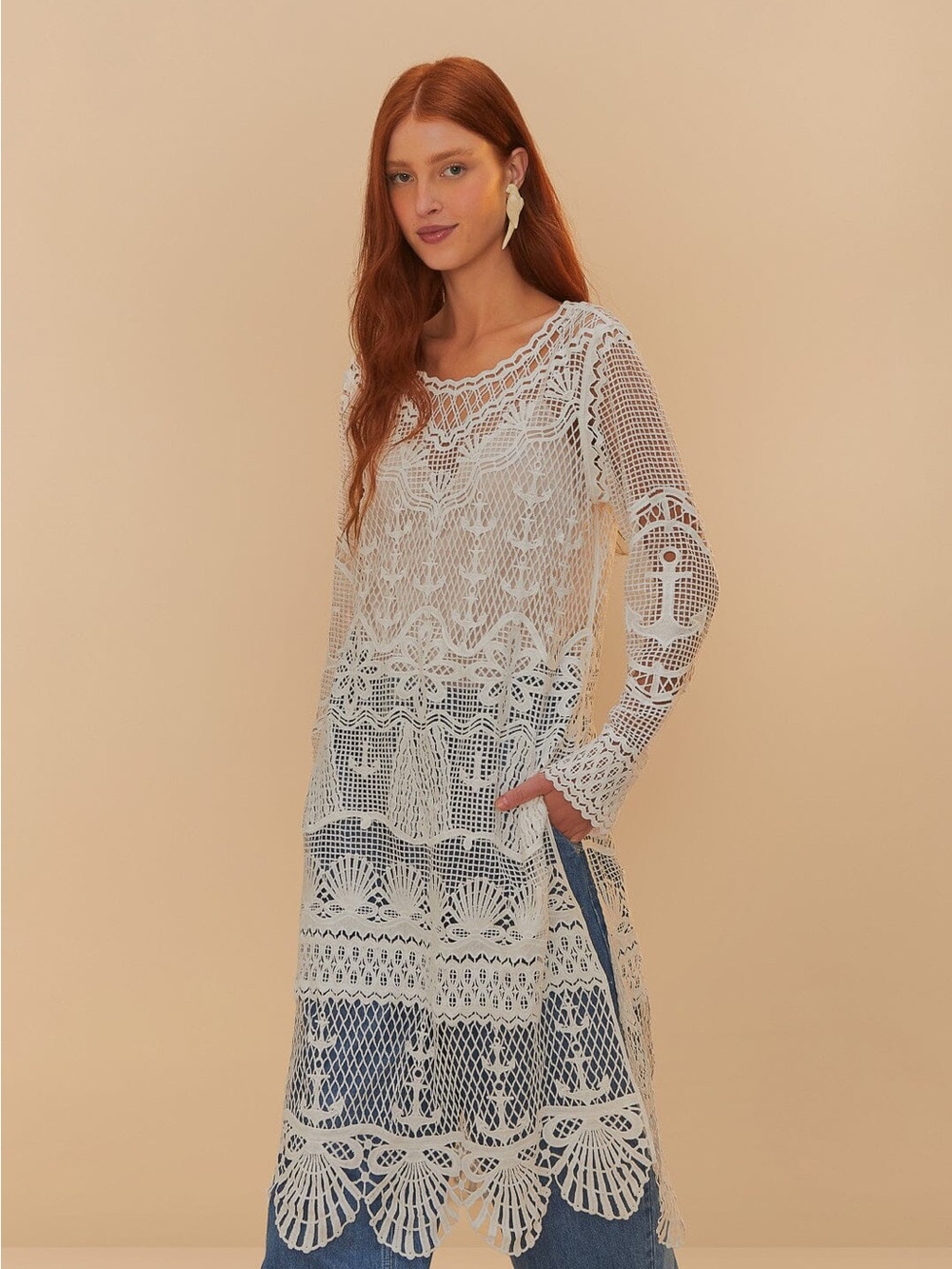 FARM RIO by Anthropology Crochet Lace Longline Tunic Dress in Ivory NWT size S